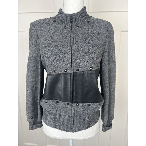 Vintage Toula Santana Knit Wool Zip Up Sweater Marled Black Leather Women's Sz 4 - Picture 1 of 12